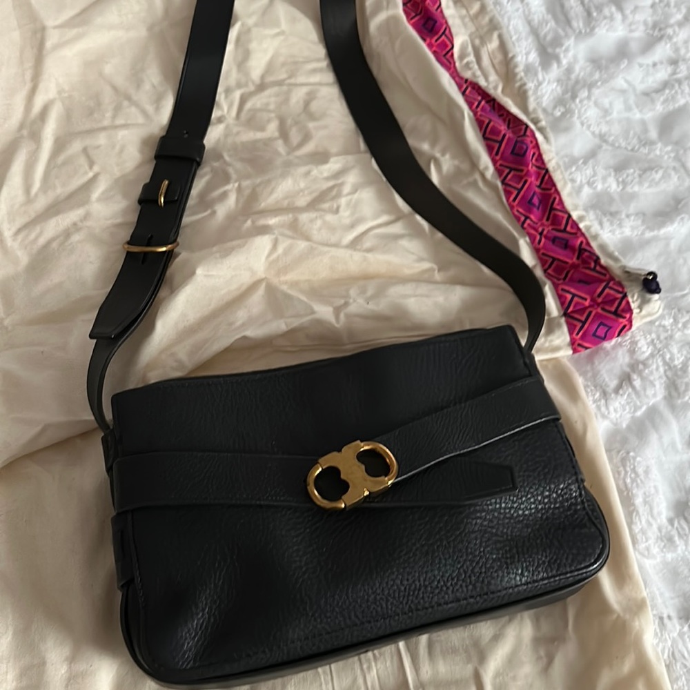 Black Tory Burch purse with two outside pockets